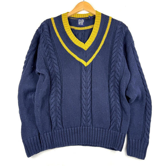 Vintage 90s GAP Medium Heavy Cable Knit Fisherman Tennis Sweater Pullover Preppy - Picture 1 of 9